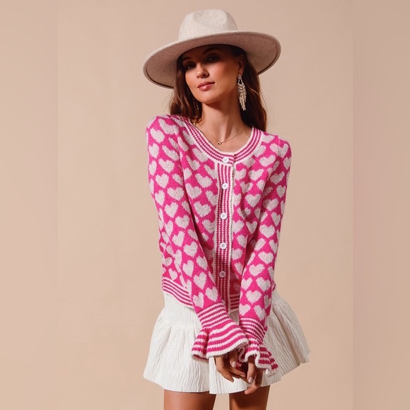 Pink heart button intarsia bohemian valentine ruffle sleeve cardigan sweater - Picture 2 of 9